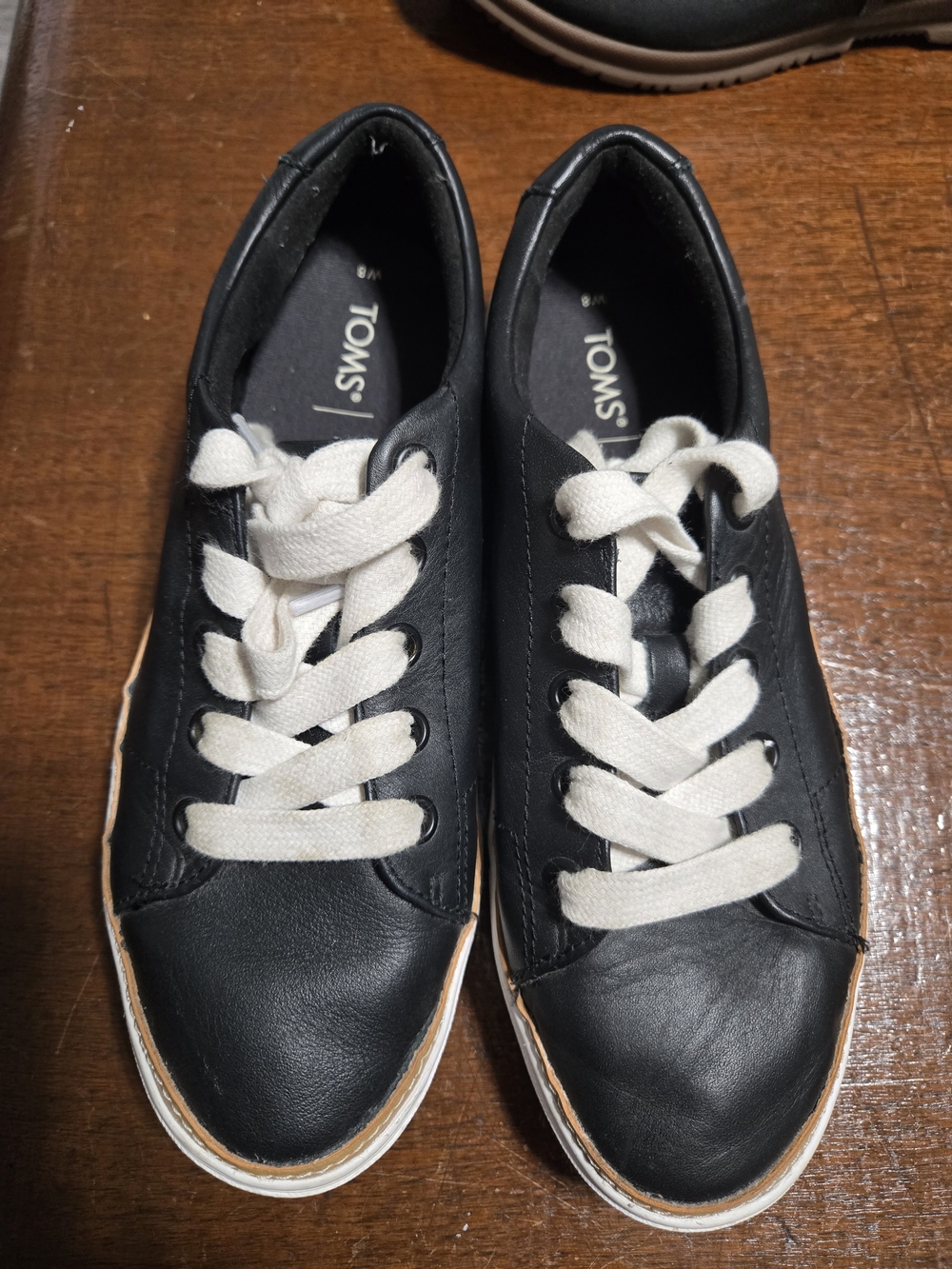 TOMS Black Leather Lace-Up Sneakers with White Laces